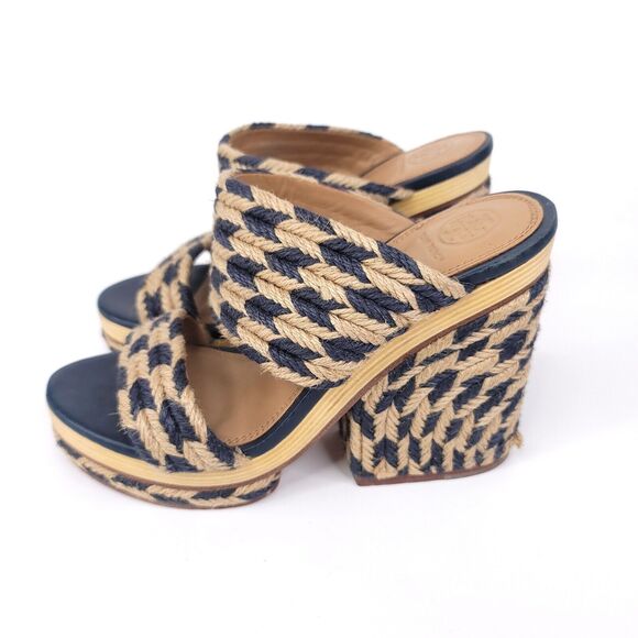 Tory Burch Heels Womens 8 Sandals Slip On Platform Slide Chunky Jute Woven Lola - Picture 9 of 10